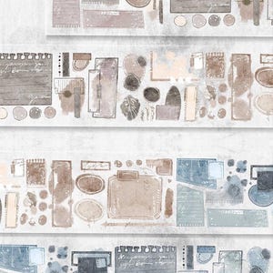 Pode incluir: Fita washi decorativa com uma colagem de elementos de estilo vintage. O design inclui retângulos, círculos e formas de bloco de notas em tons suaves de castanho, bege e azul. Alguns elementos têm escrita manuscrita.