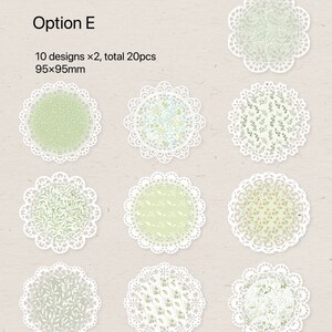May include: A collection of twenty decorative paper doilies, each 3.75 x 3.75 inches, featuring ten unique floral designs. The doilies have a white, scalloped lace edge and a light green center with various botanical patterns. Text reads "Option E".