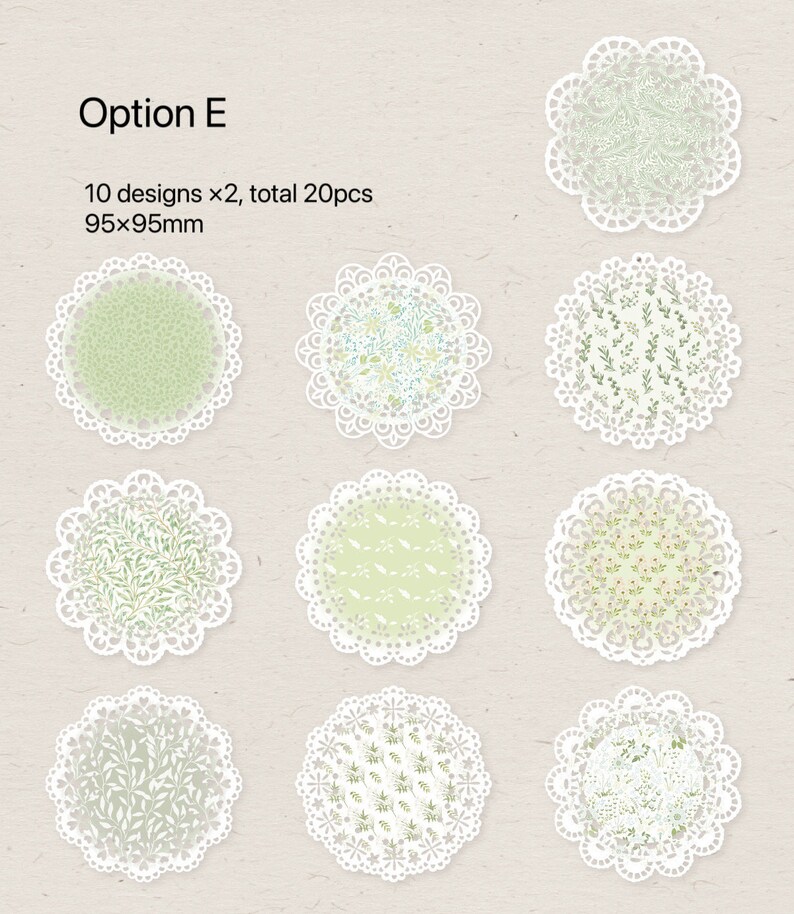 May include: A collection of twenty decorative paper doilies, each 3.75 x 3.75 inches, featuring ten unique floral designs. The doilies have a white, scalloped lace edge and a light green center with various botanical patterns. Text reads "Option E".
