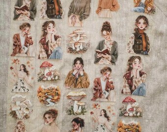May include: A sheet of decorative stickers featuring illustrations of women in various outfits, alongside mushroom and nature-themed designs. The stickers have a watercolor aesthetic with soft colors and delicate details.