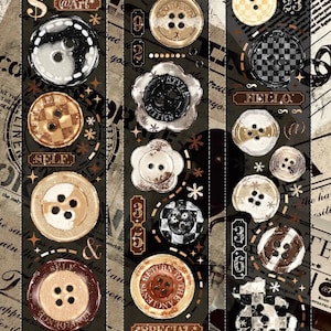 May include: A collage of decorative buttons in various shapes, sizes, and colors, including brown, beige, black, and white. Some buttons have text like "HAPPY" and "YELLOW". The background features newspaper clippings and star accents.
