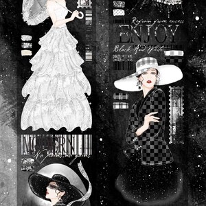 May include: Black and white fashion illustration featuring elegant women in vintage attire. One figure holds a parasol, another wears a checkered blazer and wide-brimmed hat. The artwork includes text elements like "ENJOY Black and White."