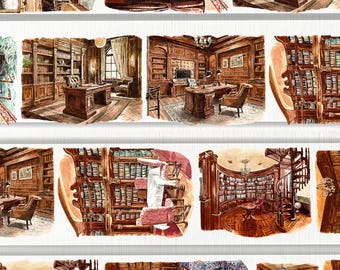 May include: Decorative washi tape featuring watercolor illustrations of classic libraries and studies. The tape showcases detailed scenes of bookshelves, desks, and spiral staircases, with the text "The Secret of The Study" and "Colored Masking Tape With Designs".