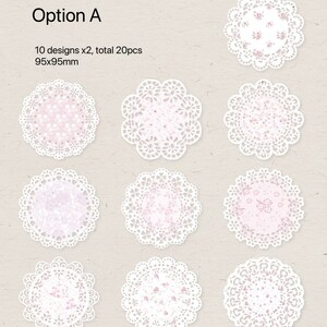 May include: A collection of ten floral-patterned doilies, each with a delicate lace edge. The doilies feature a variety of pink and white floral designs on a light pink background. The text "Option A" and product details are visible.