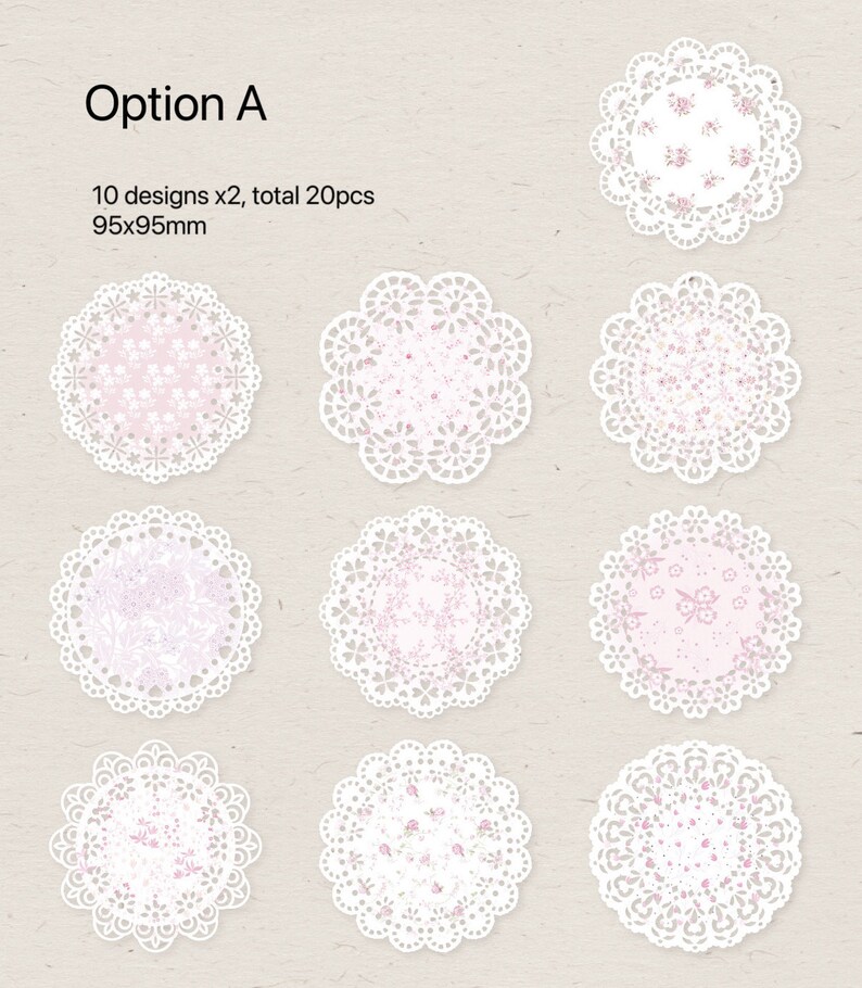 May include: A collection of ten floral-patterned doilies, each with a delicate lace edge. The doilies feature a variety of pink and white floral designs on a light pink background. The text "Option A" and product details are visible.