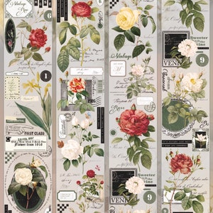 May include: Four vintage-style bookmarks featuring botanical illustrations of roses in various colors, including red, yellow, and white. Each bookmark has decorative elements like labels, text, and numbers. The text includes "Vintage Rose" and "First Class".
