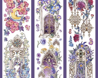 Puede incluir: Cinta washi decorativa con ilustraciones detalladas de elementos arquitectónicos y arreglos florales. La cinta presenta arcos, ventanas y flores en tonos de rosa, morado, azul y amarillo, sobre un fondo morado.