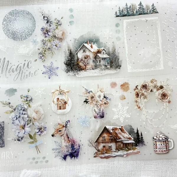 Notizbuch Seiten Snow Way Out | Musterschlaufe (4m) oder Rolle Kristall-PET-Band | Blumen Aufkleber, Junk Journal Versorgung, Planer Aufkleber, Scrapbook