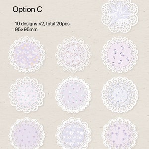 May include: A collection of twenty decorative paper doilies in ten different designs. Each doily is round with a delicate, white lace edge. The centers feature soft pastel floral patterns. The text "Option C" and size information are visible.