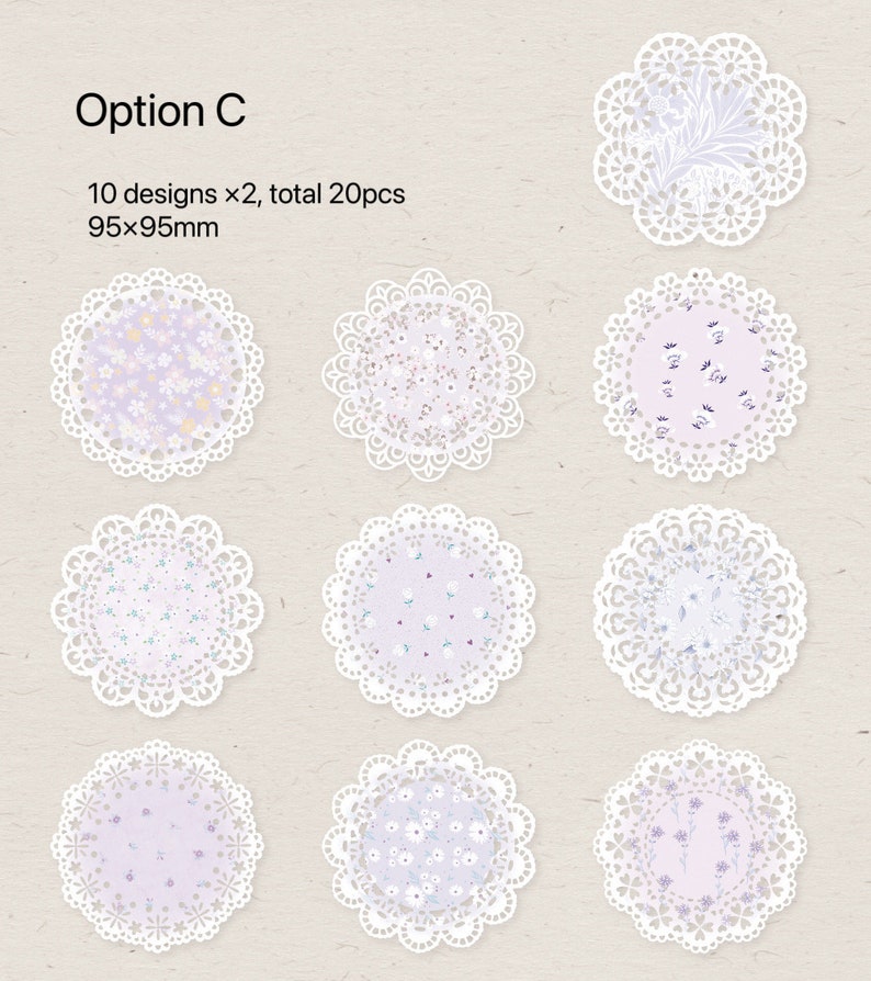 May include: A collection of twenty decorative paper doilies in ten different designs. Each doily is round with a delicate, white lace edge. The centers feature soft pastel floral patterns. The text "Option C" and size information are visible.