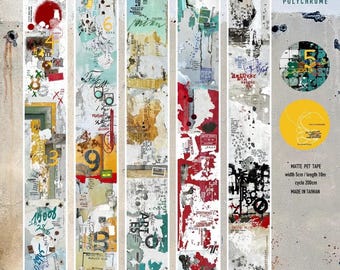 May include: A set of matte PET tape rolls with a width of 5cm and a length of 10m, featuring a collage design with numbers, letters, and abstract shapes in red, yellow, blue, and black. The text "POLYCHROME" is visible.