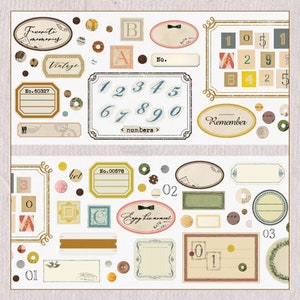 May include: A sheet of vintage-style stickers with various designs. Includes labels with text like "Favorite memories" and "Vintage", numbers, and decorative frames. The color palette features brown, beige, and pastel accents.