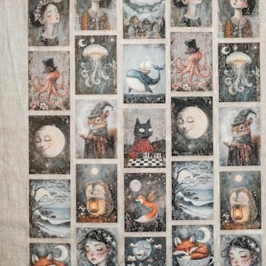 May include: A collection of small, rectangular art prints featuring whimsical illustrations. The prints showcase various fantasy creatures, celestial bodies, and portraits in a muted color palette with a vintage aesthetic. The images include an octopus, a whale, and a fox.