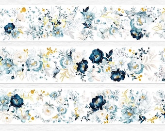 Könnte beinhalten: Drei Rollen Washi-Tape mit floralen Designs. Das Tape zeigt Blumen im Aquarellstil in Blau-, Weiß- und Goldtönen mit zarten Blättern und Akzenten. Die floralen Arrangements sind vor einem weißen Hintergrund angeordnet.