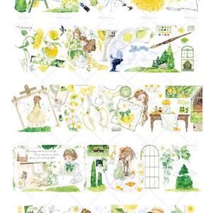 Neinei Sunflower and Girls | One Loop Sample Washi Tape | Flower and People Stickers, Junk Journal supplies, planner sticker, Scrapbooking