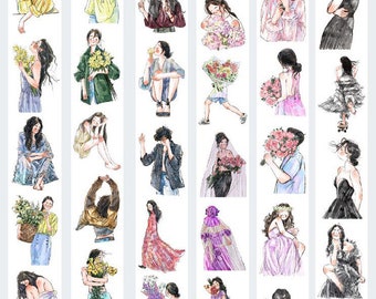 May include: A collection of watercolor illustrations featuring women with flowers. The images depict various poses and outfits, with a focus on floral arrangements and elegant attire. The color palette includes soft pastels and vibrant hues.