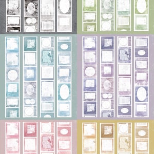 May include: A collection of decorative washi tape strips in various colors, including gray, green, blue, purple, pink, and yellow. Each strip features a collage of rectangular and oval frames, with vintage-style elements.