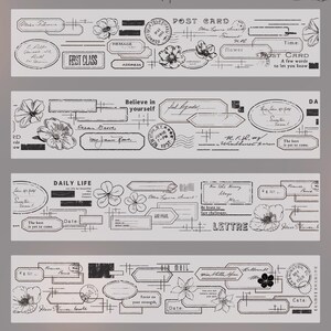 May include: Decorative washi tape rolls with vintage-style designs. Each roll features floral illustrations, stamps, and handwritten text like "Post Card" and "Daily Life." The color palette is primarily black and white.