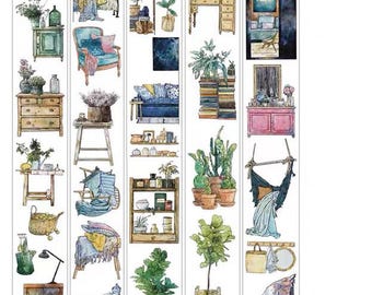 May include: Watercolor illustrations of interior design elements, including furniture, plants, and decorative items. The images depict various rooms with a cozy, bohemian aesthetic. The color palette includes soft blues, greens, and warm earth tones, creating a relaxing atmosphere.