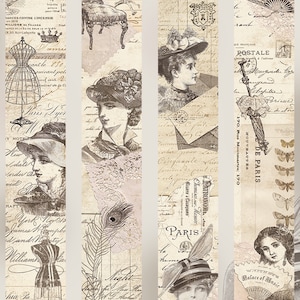 May include: Set of vintage-style bookmarks with sepia-toned illustrations. Each bookmark features a different design, including portraits of women in hats, fashion sketches, and handwritten script. The overall theme is reminiscent of antique ephemera.