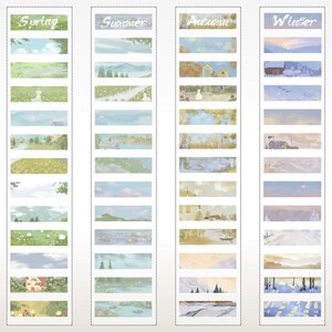 May include: A set of decorative washi tapes featuring landscape scenes representing the four seasons: Spring, Summer, Autumn, and Winter. Each tape strip showcases a different picturesque view, with soft colors and artistic details.