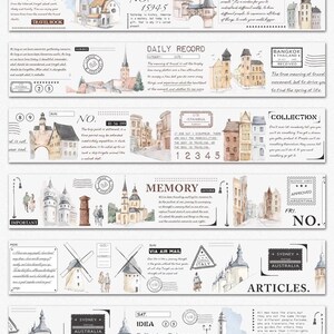 May include: A decorative washi tape roll featuring watercolor illustrations of European architecture, travel-themed text, and stamps. The tape includes various designs with buildings, landmarks, and travel-related phrases.