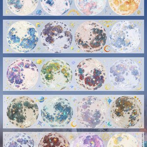 May include: Decorative washi tape featuring colorful moon designs. Each moon has a unique color palette, including blues, pinks, and golds, with intricate details and celestial accents. The tape is ideal for scrapbooking and crafting projects.