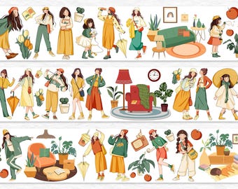 May include: Decorative washi tape featuring illustrations of stylish women in various outfits, with elements like plants, furniture, and accessories. The tape has a repeating pattern with a warm color palette of yellow, green, and orange, perfect for scrapbooking and crafts.