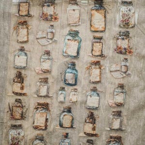 May include: A sheet of vintage-style stickers featuring various apothecary jars with cork stoppers, labels, and floral accents. The jars are in shades of brown, blue, and clear, with a distressed, aged appearance. Some stickers include small paper notes.