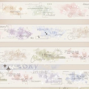 May include: Four decorative washi tape rolls with watercolor backgrounds in pastel colors. Each roll features text like "courage", "Sparkling", "Love", and "Focus on", along with geometric line art.