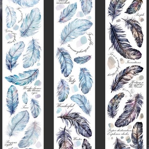 May include: Decorative washi tape featuring watercolor-style feathers in shades of blue, purple, and gray. The tape includes handwritten text such as "Ten minutes", "Wonderful", and "Winter". The feathers vary in size and are arranged on a white background.