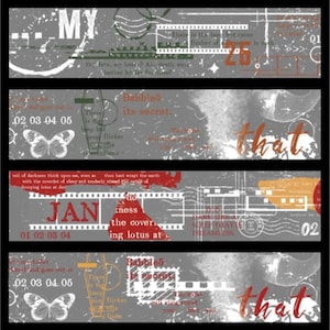 May include: A collage of gray rectangular panels with text and design elements in white, red, and green. The panels feature words like "JAN", "From", "My", and "Let it be". The design includes filmstrip borders and dates.