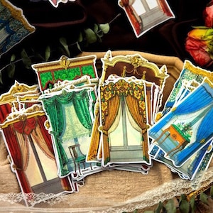 May include: A collection of decorative stickers featuring vintage illustrations of ornate windows with curtains. The stickers showcase a variety of colors, including blue, green, red, and gold, with intricate details and a classic aesthetic.