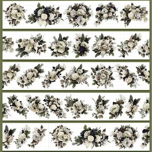 May include: Washi tape with floral designs in white, cream, and dark green. The tape features various bouquets and floral arrangements, ideal for scrapbooking, journaling, or adding a touch of elegance to crafts and projects.