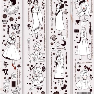 May include: Decorative washi tape featuring black and white illustrations of women in vintage clothing, along with floral and butterfly motifs. Text includes phrases like "Stay Hungry, Stay Foolish" and "Let's have a dance."
