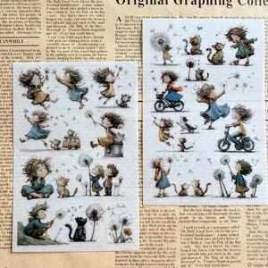 May include: Two sheets of stickers featuring whimsical illustrations of children playing with dandelions, riding bicycles, and interacting with cats and dogs. The artwork has a vintage, storybook aesthetic.