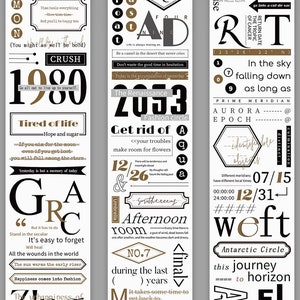 Puede incluir: Una serie de diseños gráficos verticales con texto, incluyendo fechas, frases y palabras como "DESTINY", "CRUSH" y "Antarctic Circle". Los diseños presentan varias fuentes y elementos decorativos.
