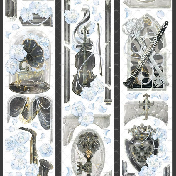 Música de medianoche MoodT, Muestra de un bucle o rollo de cinta PET, Pegatinas de música, Suministro de diario basura, Pegatina del planificador, Álbum de recortes, Collage