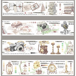 May include: Decorative washi tape featuring vintage-style illustrations. The tape includes images of a typewriter, camera, books, and a gramophone, along with handwritten text and inspirational quotes. The color palette includes soft pastels and neutral tones.