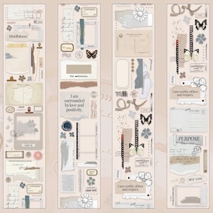 May include: Four decorative washi tape rolls with a vintage aesthetic. Each roll features a different design with elements like postcards, butterflies, flowers, and handwritten text. The color palette includes beige, brown, and gray.