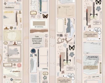 May include: Four decorative washi tape rolls with a vintage aesthetic. Each roll features a different design with elements like postcards, butterflies, flowers, and handwritten text. The color palette includes beige, brown, and gray.