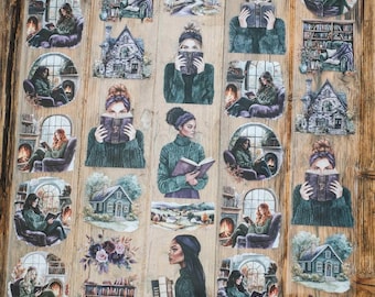 May include: A sheet of decorative stickers with illustrations of women reading books, cosy interiors with fireplaces, and charming houses. The colour scheme includes greens, browns, and purples, creating a warm and inviting aesthetic.