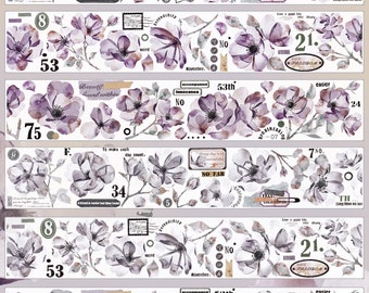 Puede incluir: Rollos de cinta washi decorativa con diseños florales en acuarela en tonos morados y grises. Cada rollo incluye números, texto y elementos botánicos. Ideal para scrapbooking, journaling y proyectos de manualidades.