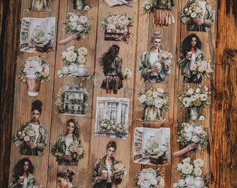 May include: A sheet of decorative stickers with watercolour illustrations. The stickers depict women, bouquets, teacups, and buildings. The colour palette includes greens, beiges, and browns, giving a vintage feel.