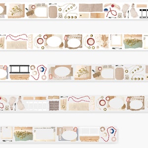 May include: Decorative washi tape featuring a collage of vintage ephemera. The design includes torn paper, dried flowers, film strips, and oval frames. The color palette is primarily beige, brown, and white, with red accents.