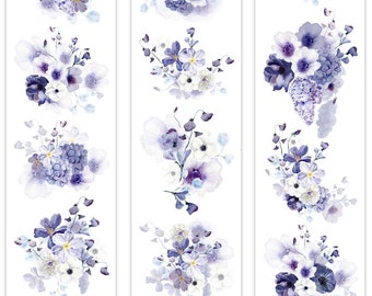 Puede incluir: Diseño floral en acuarela con ramos de flores moradas y blancas sobre fondo blanco. Las flores incluyen anémonas, hortensias y otras flores. El diseño se repite en tres tiras verticales.