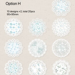 May include: A collection of twenty white paper doilies with a scalloped edge, each featuring a unique floral or botanical design in shades of blue and green. The text "Option H" is visible at the top, with the dimensions of 95x95mm.