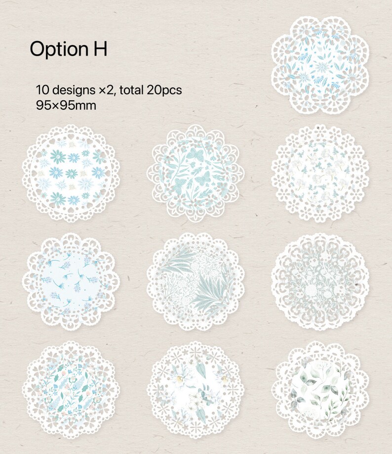 May include: A collection of twenty white paper doilies with a scalloped edge, each featuring a unique floral or botanical design in shades of blue and green. The text "Option H" is visible at the top, with the dimensions of 95x95mm.