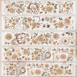 May include: Decorative washi tape featuring floral and clock designs. The tape includes images of roses, daisies, clock faces, and gears in shades of cream, beige, and brown. Text includes phrases like "Celebrate it today" and "12:58 AM".