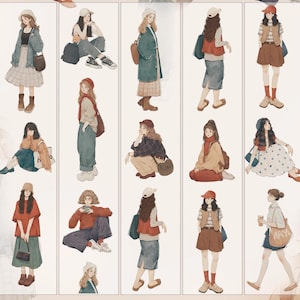 May include: A collage of illustrated figures in various casual outfits. The figures are depicted in a soft, watercolor style, with a focus on clothing and accessories. The color palette includes muted tones of blue, brown, and red, creating a vintage aesthetic.